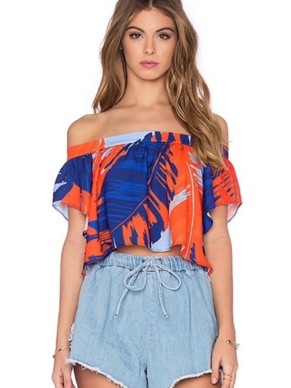 NICHOLAS Palm Printed Blue & Orange Strapless Flow Crop Top, sz. 2
